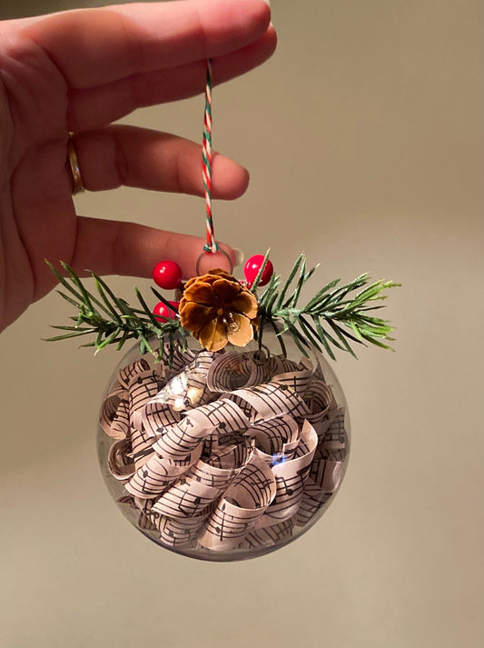 Vintage Sheet Music Ball Ornament, Hand curled manuscript paper, Sheet Music Christmas Gift, Sheet music & holly, Plastic ball ornament