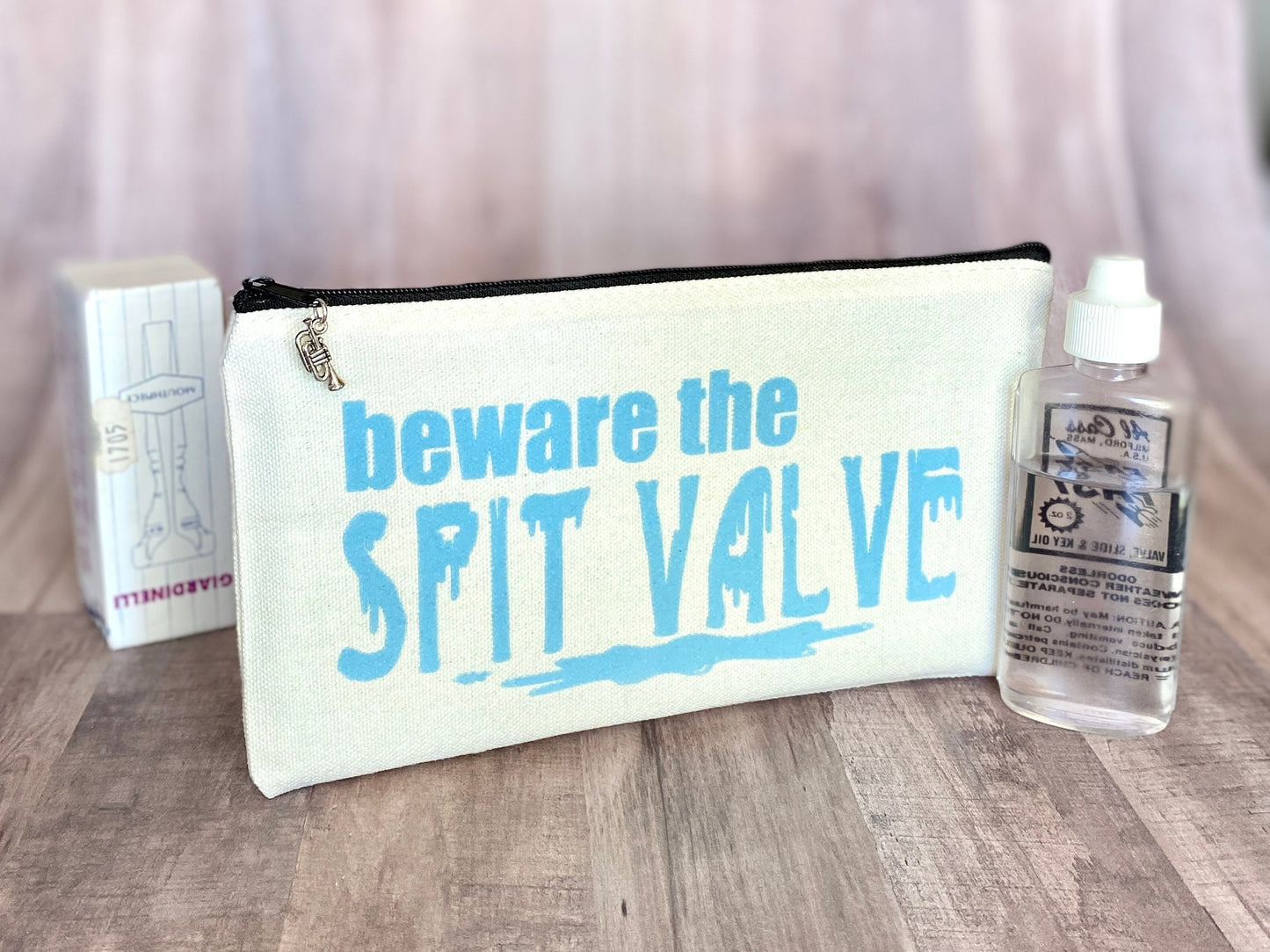 Brass Player Zipper Pouch with Charm, Beware the Spit Valve, Funny Trumpet Player Gift, Musician Joke, Back To School college student gift