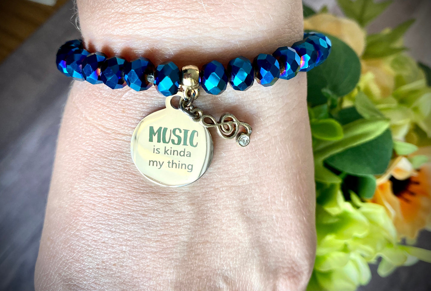 Music is Kinda My Thing Charm Bracelet, Treble Clef & Rhinestone, Blue beads, elastic band, back to school, college teacher student gift