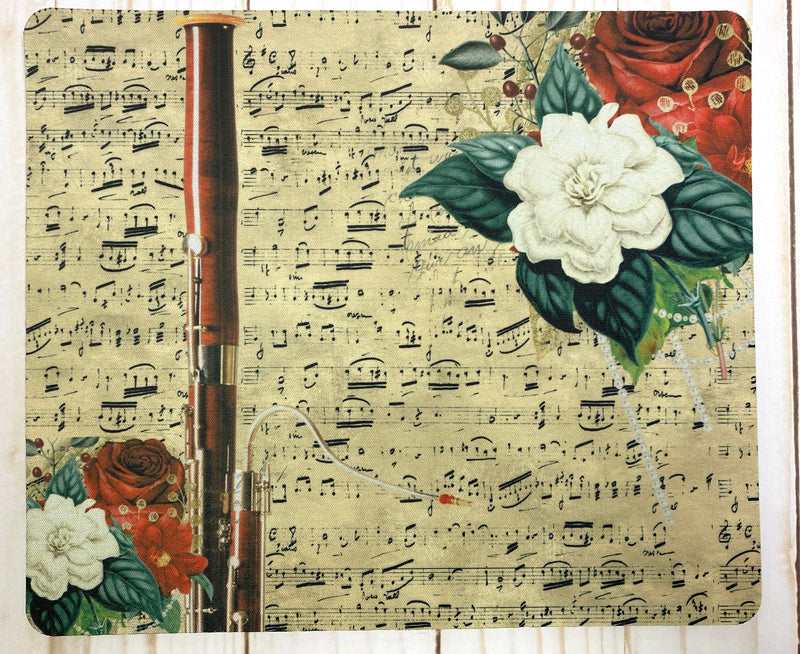 Bassoon mousepad with vintage sheet music and vivid floral design, gift for bassoonist, double reed gift, musician present, back to school