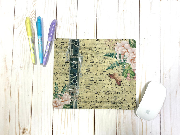 Clarinet mousepad with vintage sheet music and vivid floral design, gift for Clarinetist, clarinet player gift, back to school, college gift