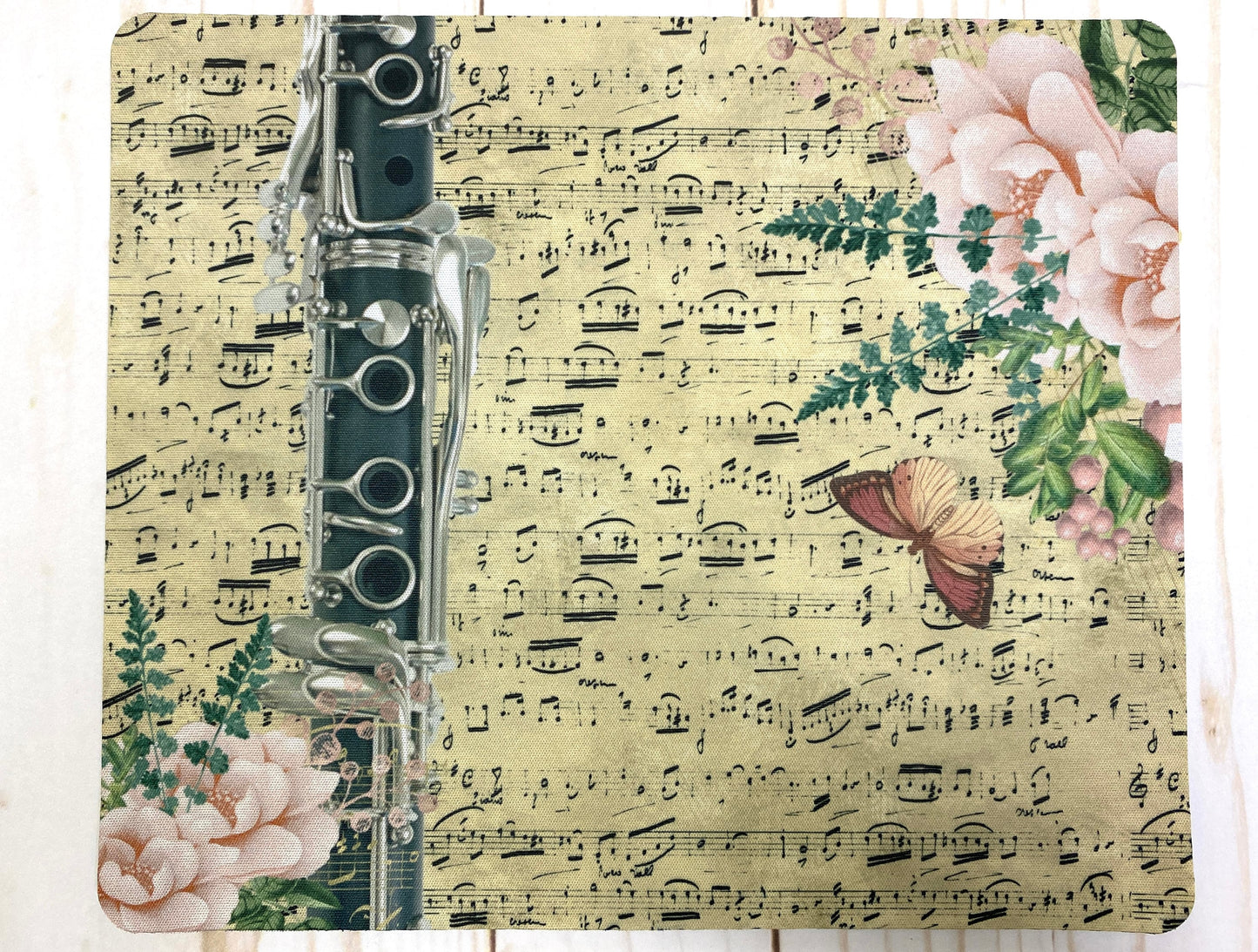 Clarinet mousepad with vintage sheet music and vivid floral design, gift for Clarinetist, clarinet player gift, back to school, college gift