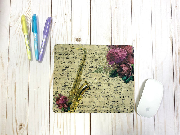 Saxophone mousepad with vintage sheet music & vivid florals, gift for saxophonist, sax player gift, back to school, Student teacher gift