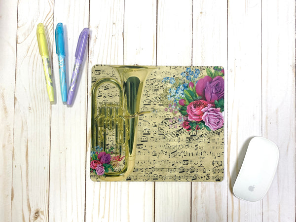 Tuba Euphonium mousepad w/ vintage sheet music & vivid florals, gift for low brass player, back to school, college Student teacher gift