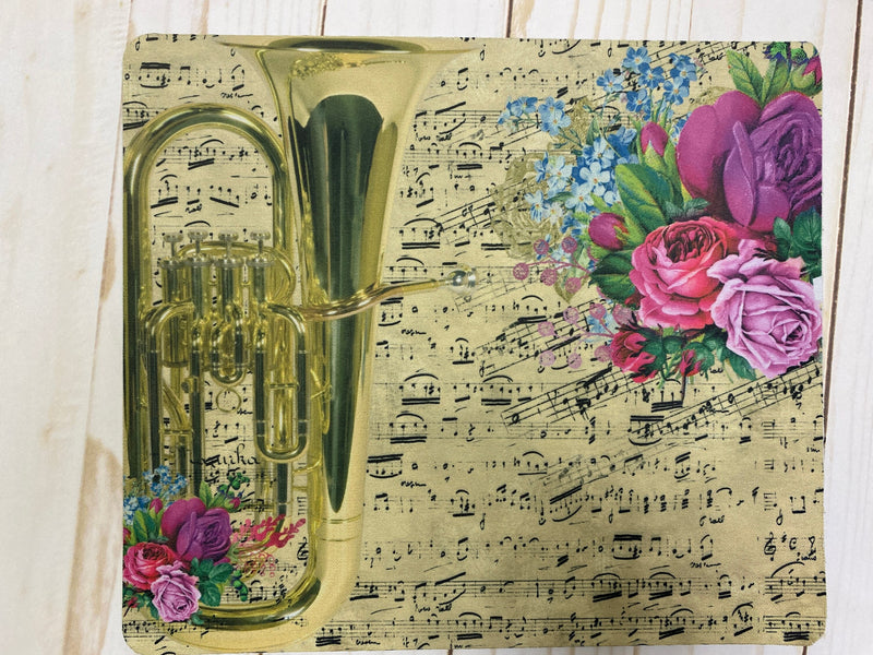 Tuba Euphonium mousepad w/ vintage sheet music & vivid florals, gift for low brass player, back to school, college Student teacher gift