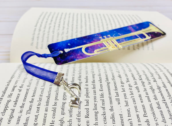 Metal Trumpet Bookmark with Purple Galaxy Design, graduation, gift for musician, College music student teacher gift, gift for trumpet player
