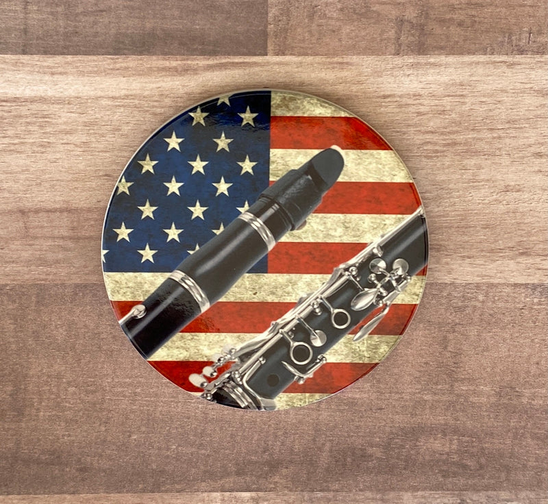 Clarinet Photo Coasters, set of 4, American Flag Music Coasters, Rustic USA Americana, Unique gift for clarinetist, Patriotic musician gift
