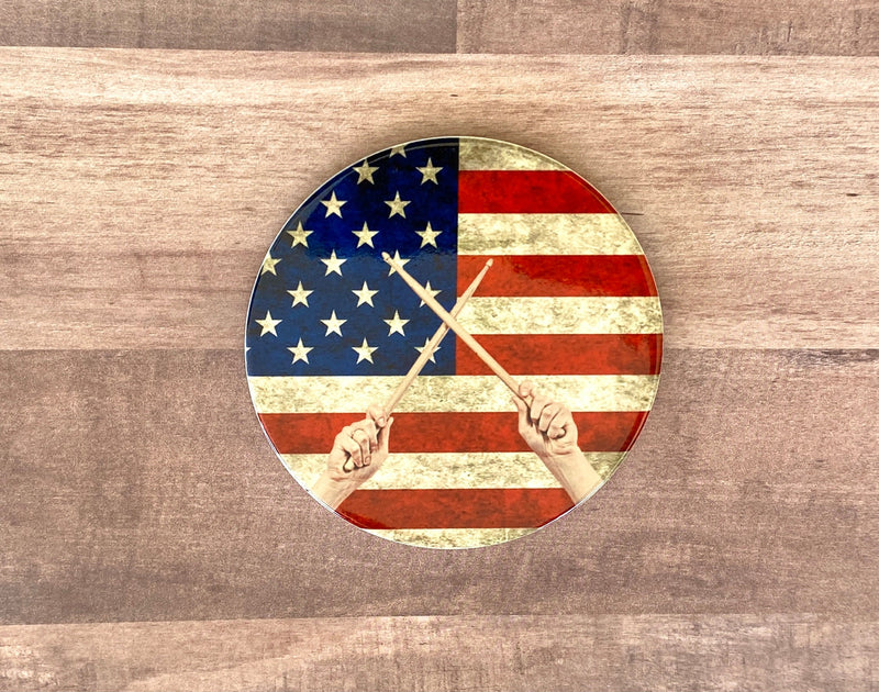 Drumset Photo Coasters, set of 4, American Flag Coasters, Rustic USA Americana, Unique music gift for drummer, Patriotic musician gift decor