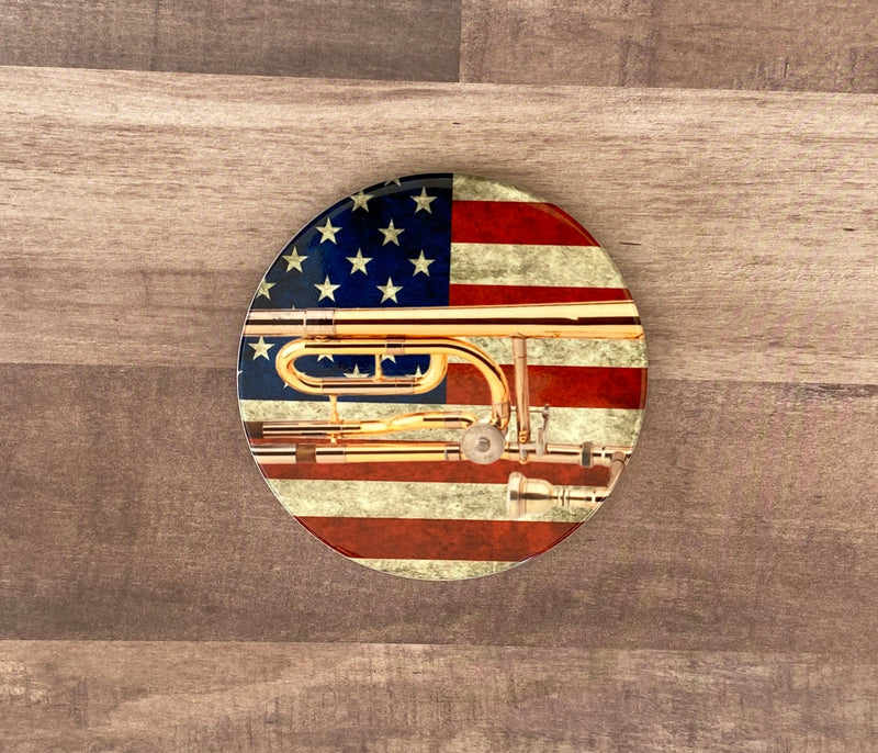 Trombone Photo Coasters, set of 4, American Flag Coasters, Rustic USA Americana, Unique gift for Trombone player, Patriotic musician gift