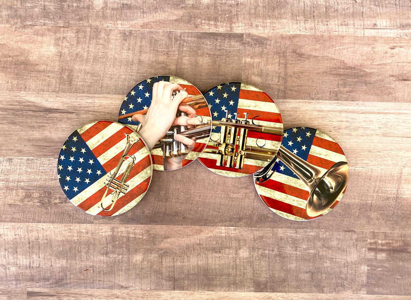 Trumpet Photo Coasters, set of 4, American Flag Coasters, Rustic USA Americana, Unique gift for Trumpet player, Patriotic musician decor