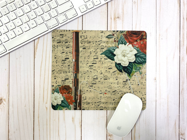 Bassoon mousepad with vintage sheet music and vivid floral design, gift for bassoonist, double reed gift, musician present, back to school