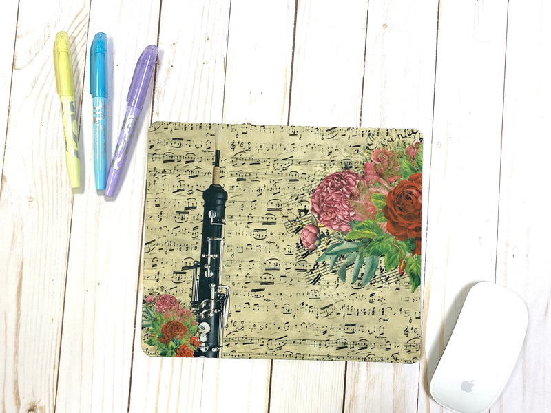 Oboe mousepad with vintage sheet music & vivid floral design, gift for oboist, oboe player gift, back to school college Student teacher gift
