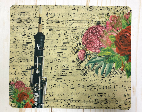 Oboe mousepad with vintage sheet music & vivid floral design, gift for oboist, oboe player gift, back to school college Student teacher gift