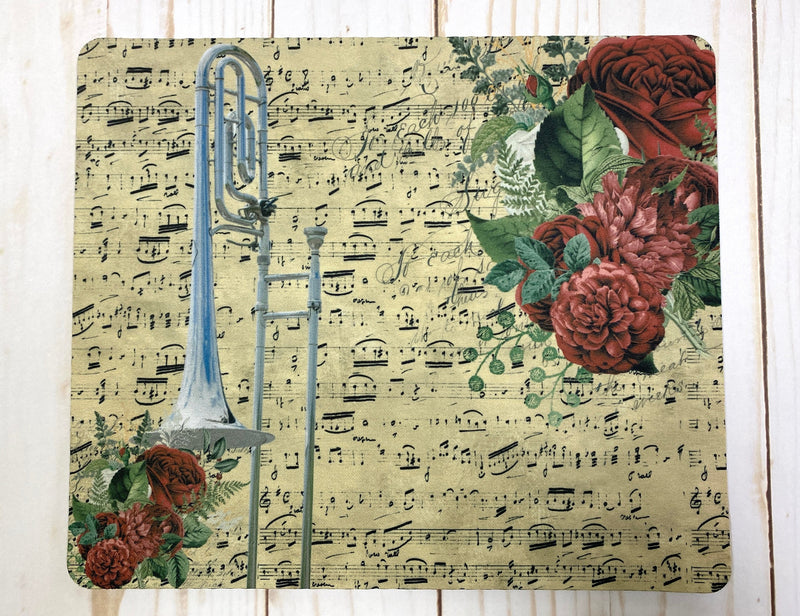 Trombone mousepad with vintage sheet music & vivid florals, gift for trombonist, T-bone player gift, back to school, Student teacher gift