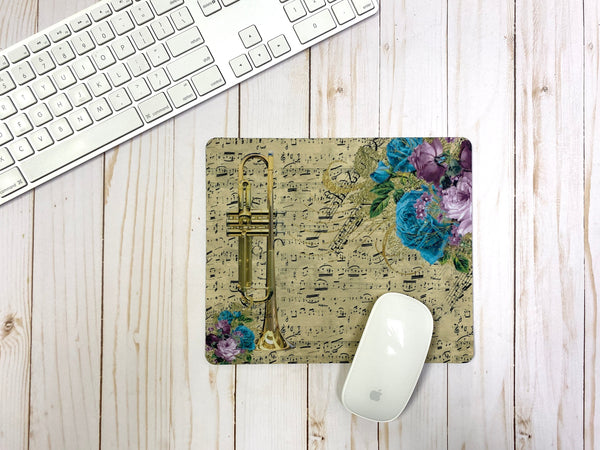 Trumpet mousepad w/ vintage sheet music & vivid florals, gift for trumpeter, horn player gift, back to school, college Student teacher gift