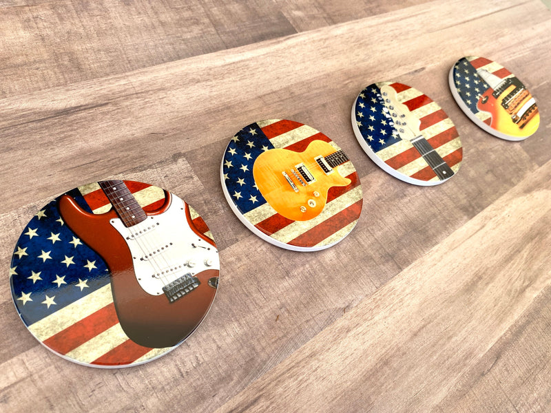 Electric Guitar Photo Coasters, set of 4, American Flag Guitar Coasters, Rustic USA Americana, Music gift for guitarist, Fender Gibson look