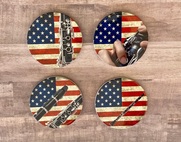 Clarinet Photo Coasters, set of 4, American Flag Music Coasters, Rustic USA Americana, Unique gift for clarinetist, Patriotic musician gift