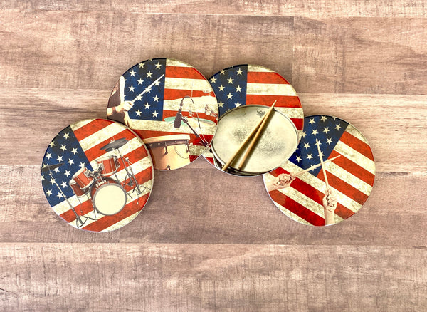 Drumset Photo Coasters, set of 4, American Flag Coasters, Rustic USA Americana, Unique music gift for drummer, Patriotic musician gift decor