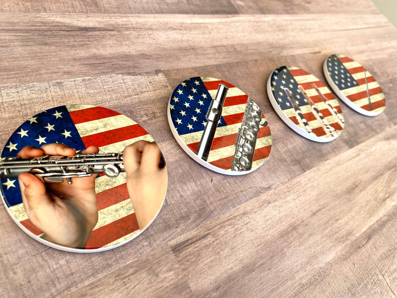Flute Photo Coasters, set of 4, American Flag Coasters, Rustic USA Americana, Unique music gift for flautist, Patriotic musician gift decor