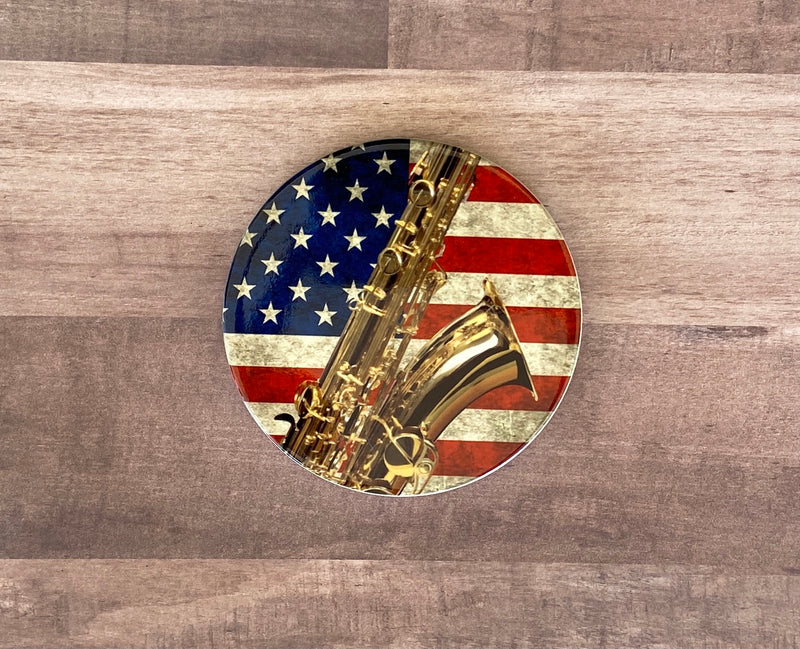 Saxophone Photo Coasters, set of 4, American Flag Coasters, Rustic USA Americana, Unique gift for sax player, Patriotic musician gift decor