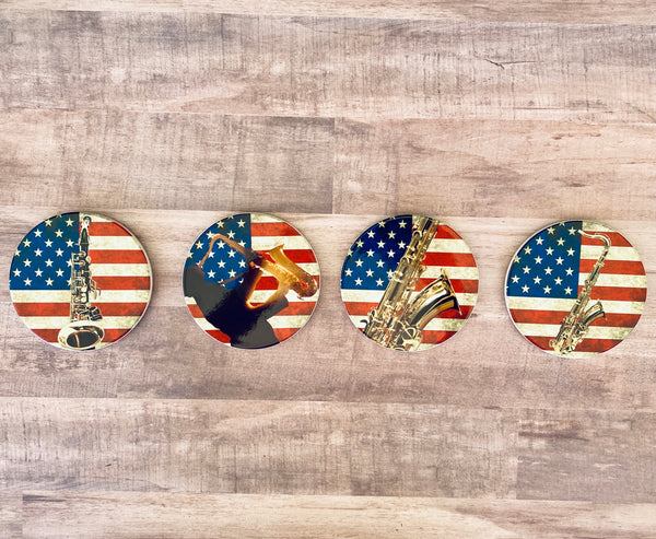 Saxophone Photo Coasters, set of 4, American Flag Coasters, Rustic USA Americana, Unique gift for sax player, Patriotic musician gift decor