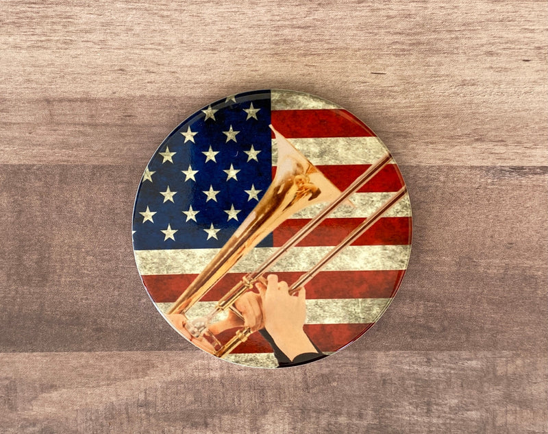 Trombone Photo Coasters, set of 4, American Flag Coasters, Rustic USA Americana, Unique gift for Trombone player, Patriotic musician gift