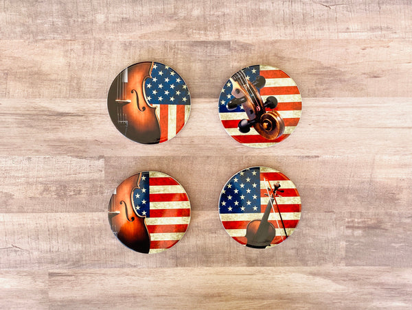 Viola Photo Coasters, set of 4, American Flag Coasters, Rustic USA Americana, Unique gift for Viola player, Patriotic musician decor