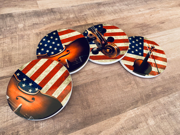 Violin Photo Coasters, set of 4, American Flag Coasters, Rustic USA Americana, Unique gift for Violin player, Patriotic musician decor