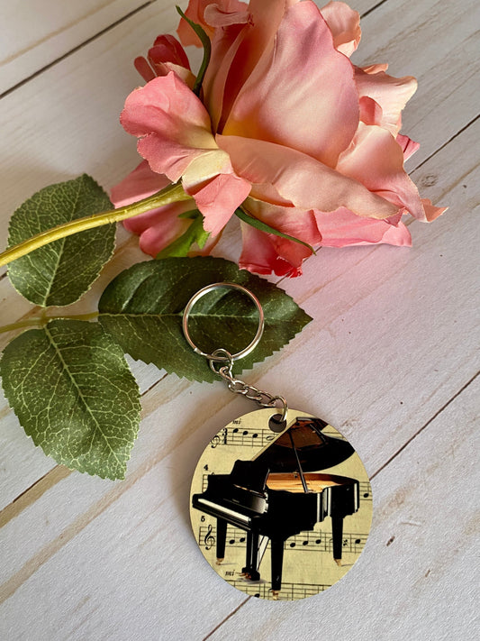 Piano Keychain, piano player, for pianist, Musical Instrument, vintage sheet music, cute keychain, graduation, college student teacher gift