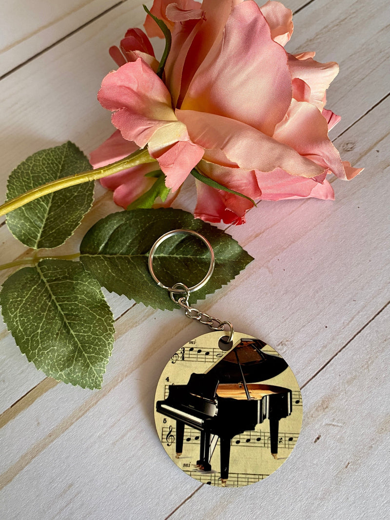 Piano Keychain, piano player, for pianist, Musical Instrument, vintage sheet music, cute keychain, graduation, college student teacher gift