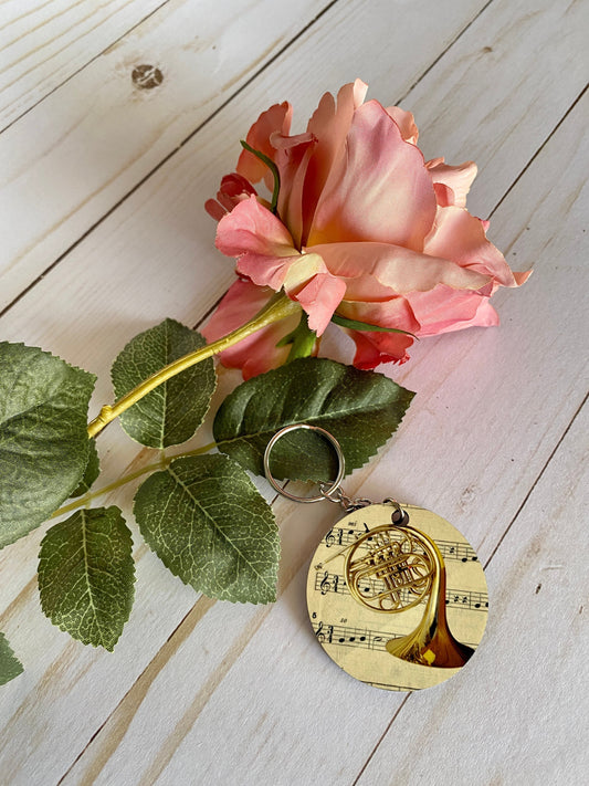 French Horn Keychain, horn player, Musical Instrument, vintage sheet music, cute music keychain, graduation, for horn student teacher gift