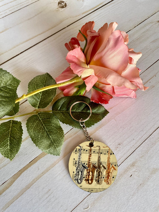 Tenor Sax Keychain, saxophone player, Musical Instrument, vintage sheet music, cute key accessory, graduation, college student teacher gift