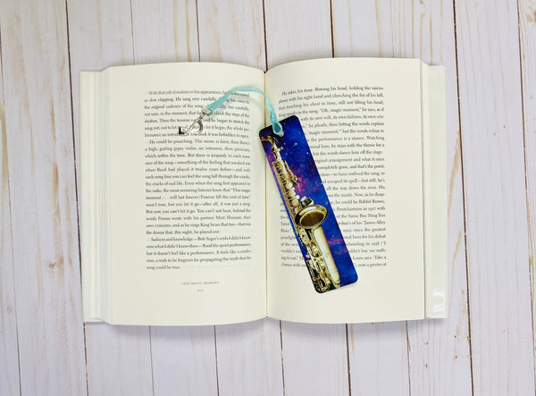 Metal Saxophone Bookmark with Purple Galaxy Design, graduation, gift for musician, College music student teacher gift, gift for sax player