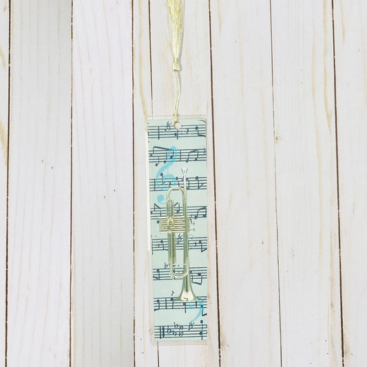 Large Blue Trumpet Bookmark, Vintage Sheet Music Design, graduation, gift for musician grad, College music student teacher gift, music nerd