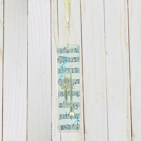 Large Blue Trumpet Bookmark, Vintage Sheet Music Design, graduation, gift for musician grad, College music student teacher gift, music nerd