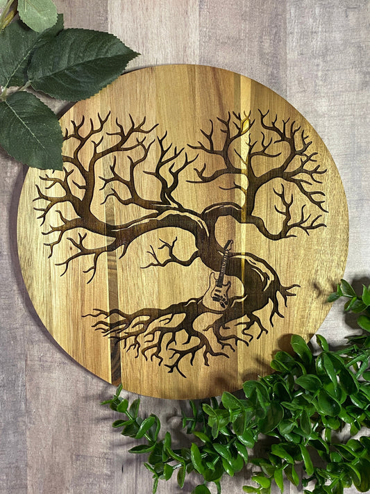 Guitar Heart Tree Trivet, Wooden Guitar Art, Guitar Wall Art, Circle Wood Music Sign, 9" Wood Circle Decor, Electric Guitar Art, Guitar gift
