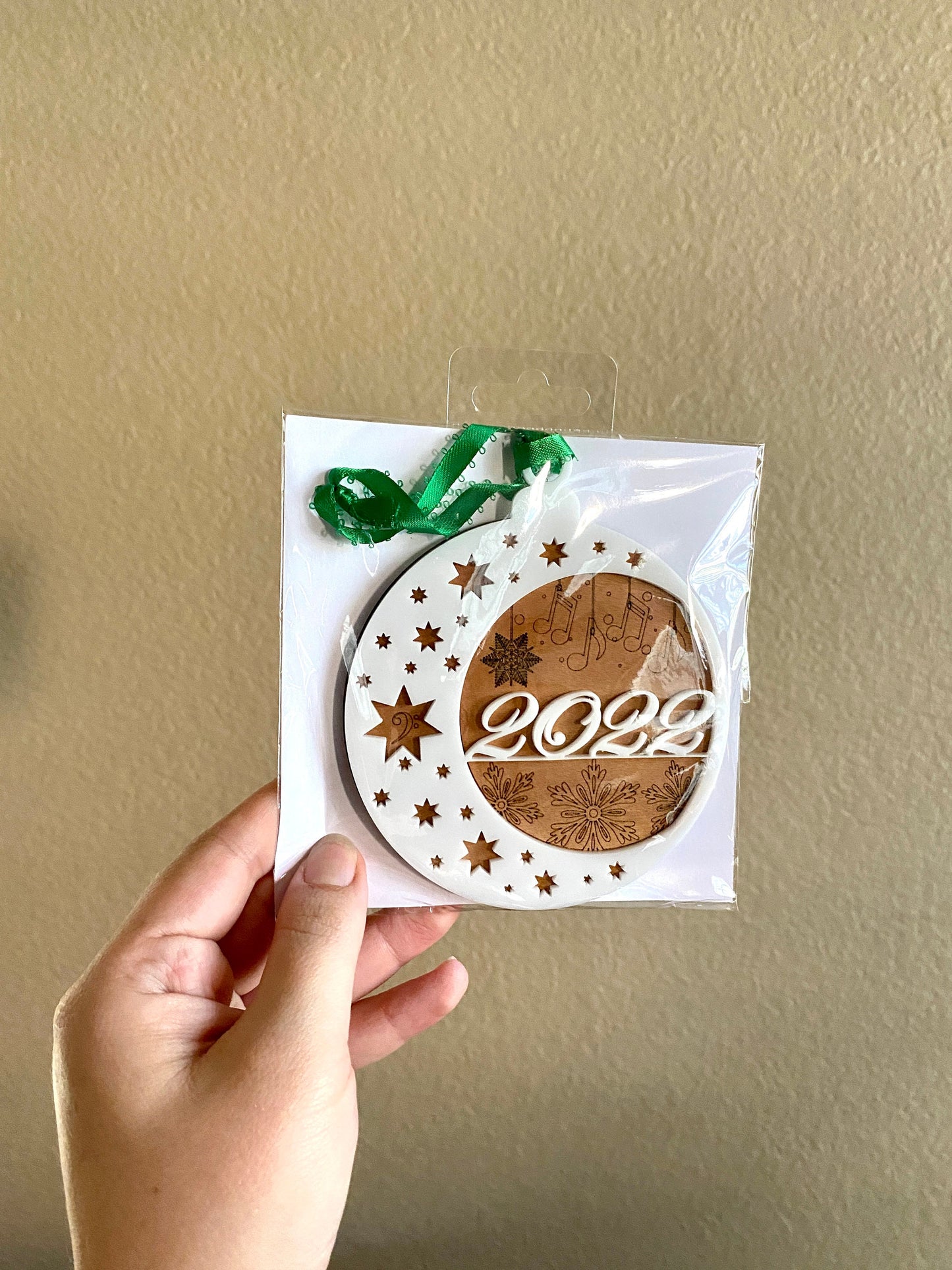 Wood and Acrylic Happy Christmas Ornament, Hanging Music Notes, Music note ornament, snow trees and notes design, Handmade gift, Music gift