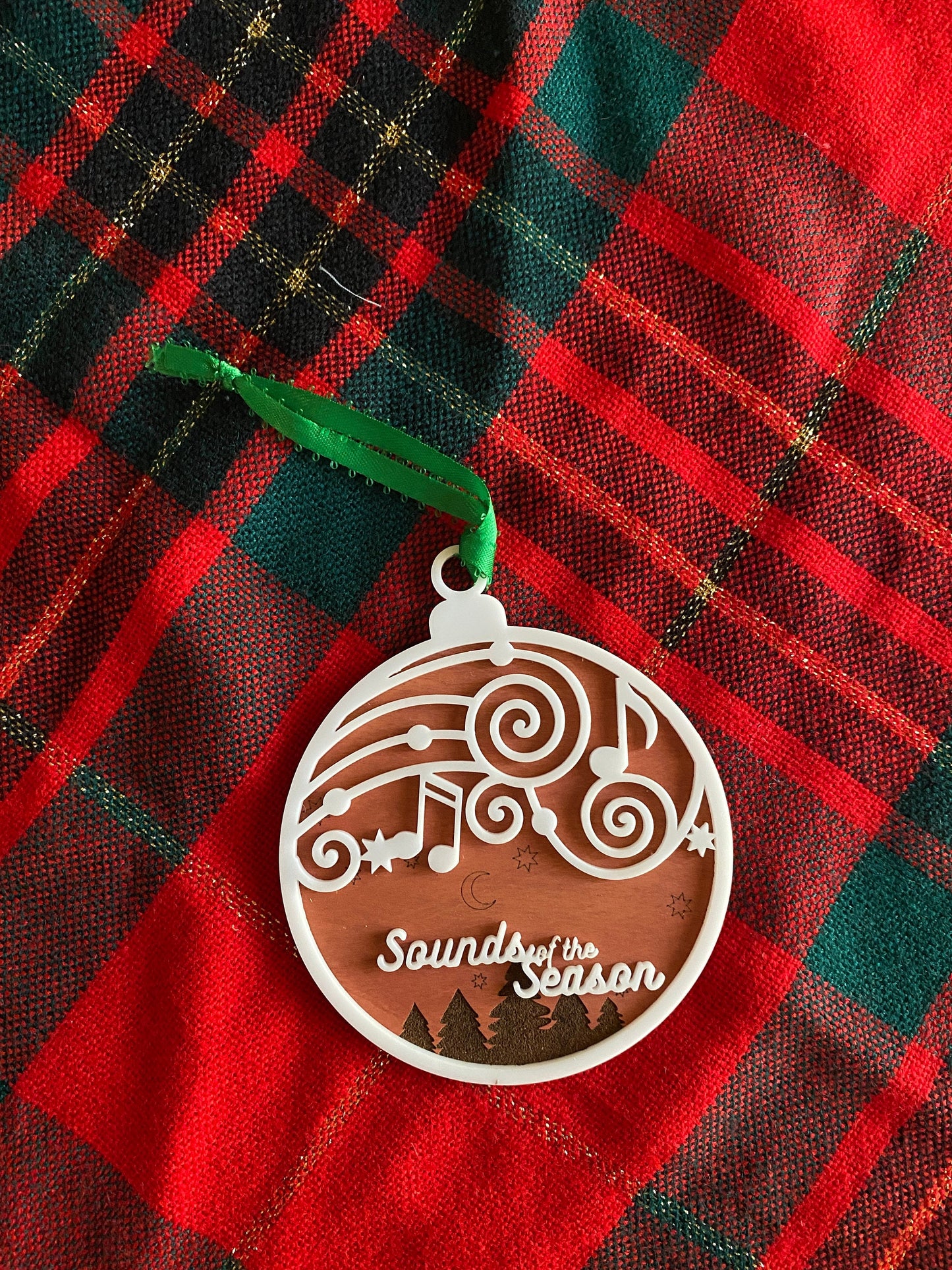 Sounds of the Season Wood Ornament, Layered Acrylic Ornament, Engraved Wood, Music note ornament, Handmade Christmas gift, Music lover gift