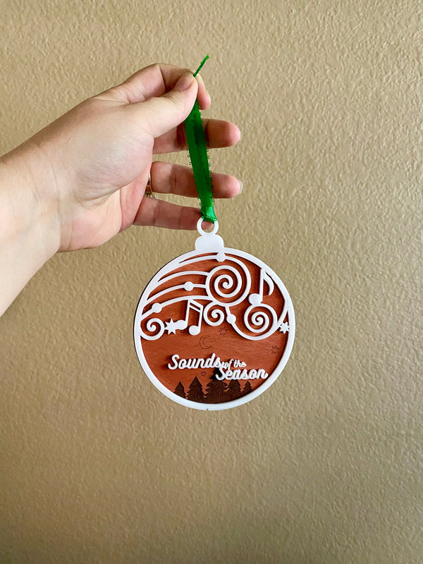 Sounds of the Season Wood Ornament, Layered Acrylic Ornament, Engraved Wood, Music note ornament, Handmade Christmas gift, Music lover gift