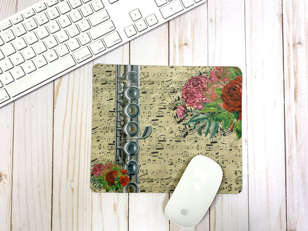Flute mousepad w/ vintage sheet music & vivid florals, gift for flautist, flute player gift, back to school, college Student teacher gift