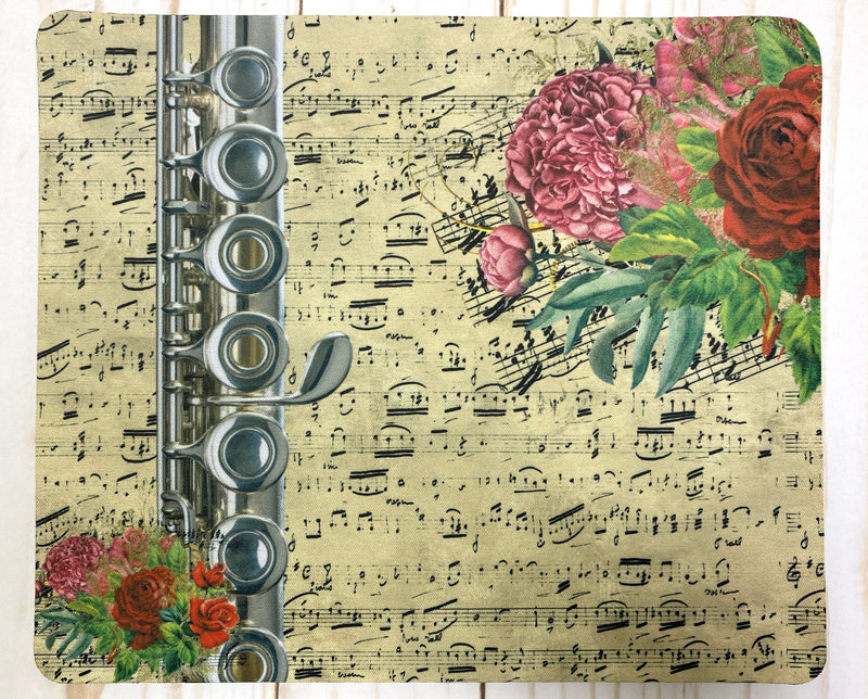 Flute mousepad w/ vintage sheet music & vivid florals, gift for flautist, flute player gift, back to school, college Student teacher gift