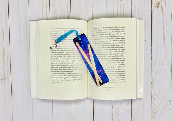 Metal Drumstick Bookmark with Purple Galaxy Design, Graduation, gift for musician, music student teacher grad gift, music nerd, for drummer