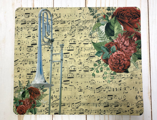 Silver trombone mousepad with vintage sheet music and floral design, for trombonist, trombone player gift, back to school, college gift