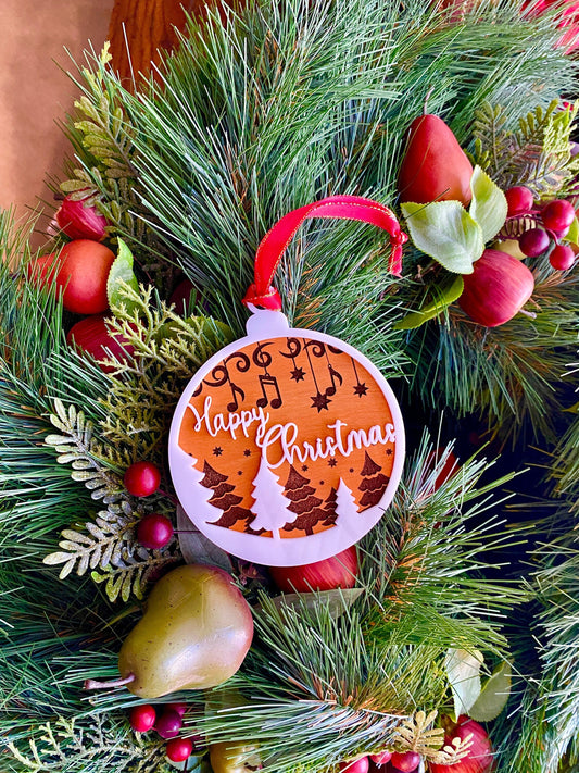 Wood and Acrylic Happy Christmas Ornament, Hanging Music Notes, Music note ornament, snow trees and notes design, Handmade gift, Music gift