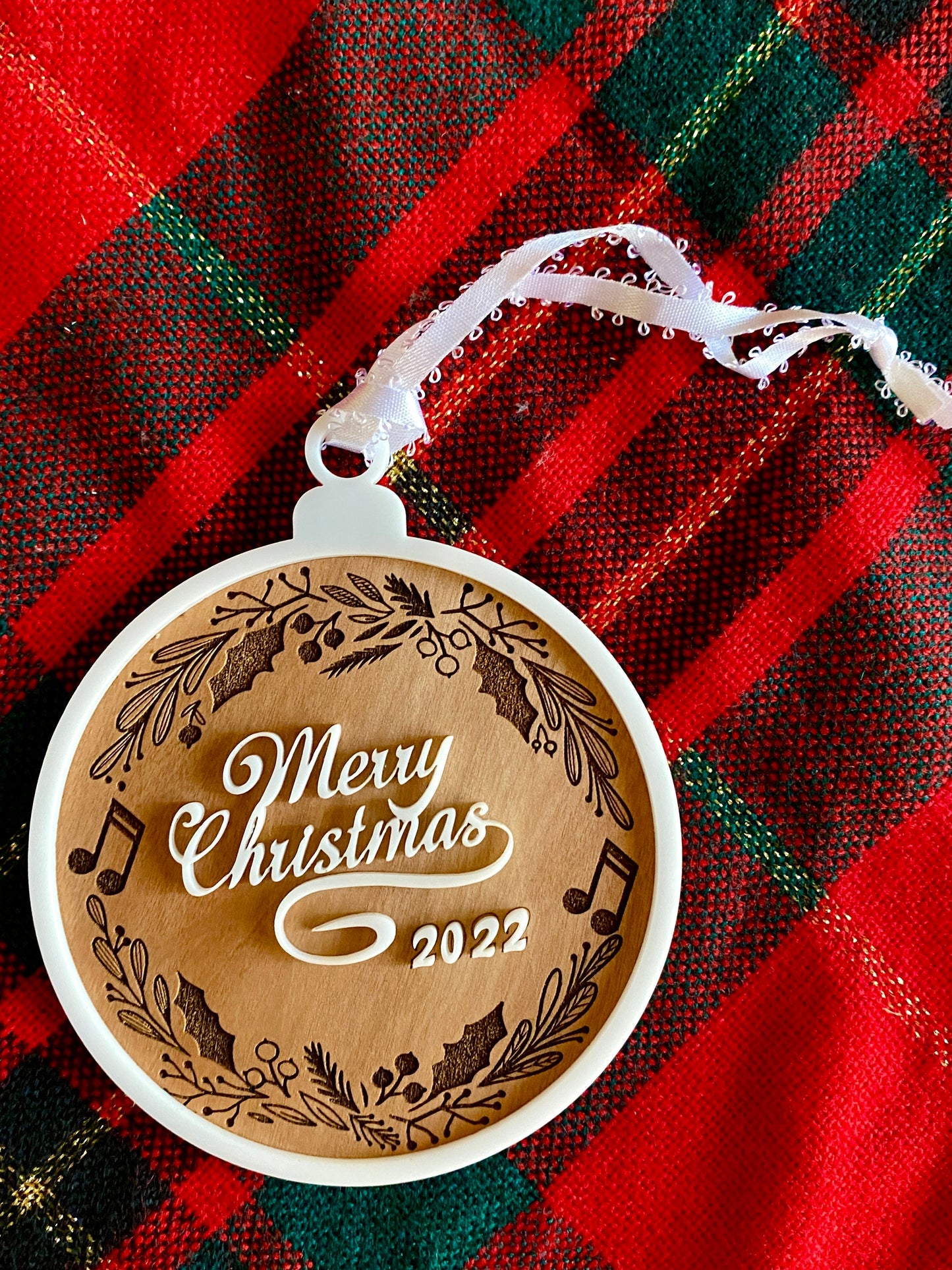 Wood and Acrylic Merry Christmas, Layered Ornament, Music Note Wreath, Music note ornament, Christmas 2022, Handmade gift, Music lover gift