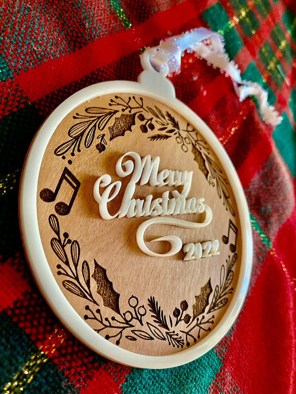 Wood and Acrylic Merry Christmas, Layered Ornament, Music Note Wreath, Music note ornament, Christmas 2022, Handmade gift, Music lover gift