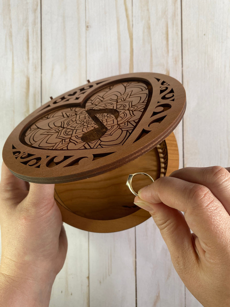 6 inch round wood jewelry box, engraved music note box, gift for musician, laser cut circle box, mandala heart design, living hinge box