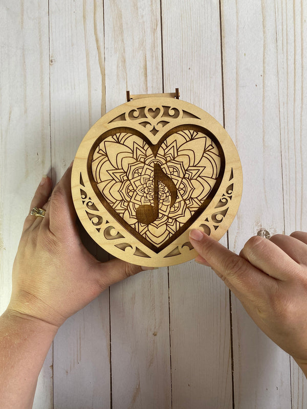 6 inch round wood jewelry box, engraved music note box, gift for musician, laser cut circle box, mandala heart design, living hinge box