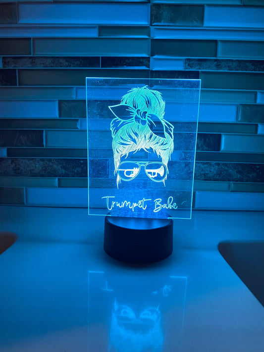 Trumpet Babe LED lamp, engraved acrylic light, desktop light, music decor, gift for trumpet player, color changing nightlight, band student