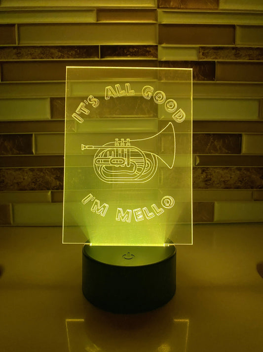 I’m Mello Mellophone LED lamp, engraved acrylic light, desktop light, music decor, for horn player, color changing nightlight, band student